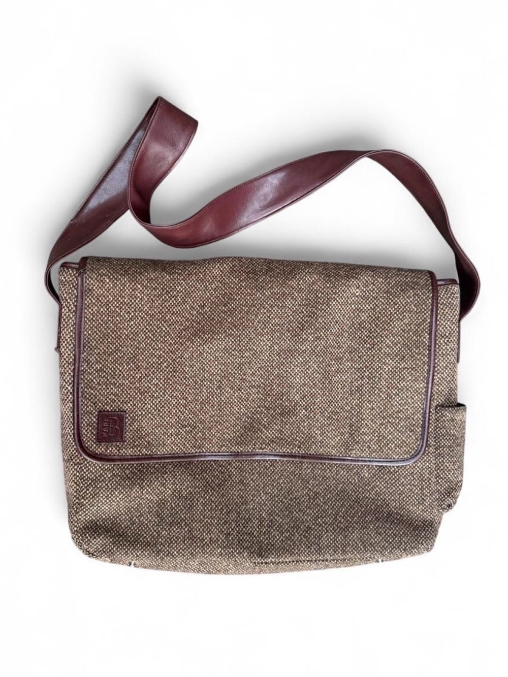 Brown tweed wool blend laptop messenger bag vegan leather trim Large w/ pockets